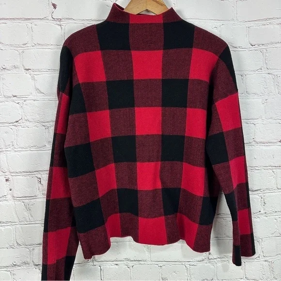Tahari mock neck sweater Red Black Buffalo check Plaid Sweater cabin size large - Picture 5 of 6